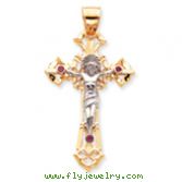 14K Two-Tone Polished With Red Cubic Zirconias Crucifix Pendant