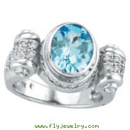 14K White Gold 2.5ct Oval Blue Topaz & .56ct Diamond Wave Design Ring