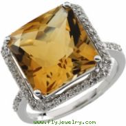 14K White Gold Genuine Citrine And Diamond Ring
