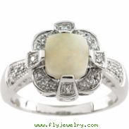 14K White Gold Genuine Opal Cab And Diamond Ring
