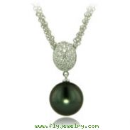 14K White Gold Link Chain With 10-11mm Tahitian Cultured Pearl And Diamond  Necklace