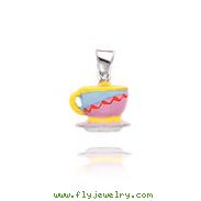 14K White Gold Pink & Blue Enameled Cup & Saucer Pendant