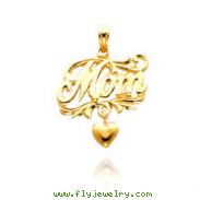 14K Yellow Gold "Mom" Dangle Heart Pendant
