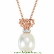 14kt Rose/White NECKLACE Complete with Stone 08.00 INCH ROUND 07.00 MM PEARL Polished PEARL AND .015
