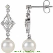 14kt White EARRINGS Complete with Stone NONE ROUND 07.00 MM PEARL Polished 1/6CTW FREWA CULT PRL & D