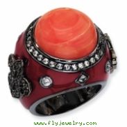 Black-plated Sterling Silver Enamel Simulated Red Coral & CZ Ring