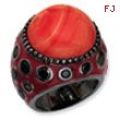 Black-plated Sterling Silver Enameled Simulated Red Coral & CZ Ring