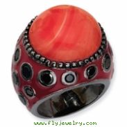 Black-plated Sterling Silver Enameled Simulated Red Coral & CZ Ring