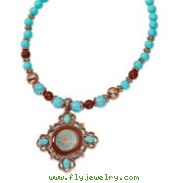 Copper-tone Aqua & Brown Beads Enameled 16" With Extension Necklace