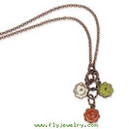 Copper-tone Green, Orange & Ivory Enamel Flowers 16" With Extension Necklace