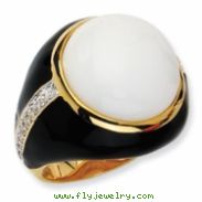 Gold-plated Sterling Silver Blk Enam Simulated Wht Agate & CZ Ring