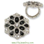Silver-tone Black Enamel With Clear Crystals Stretch Ring