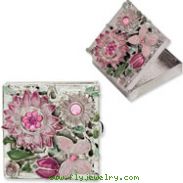 Silver-tone Textured Pink Enameled Floral Square Brass Pillbox