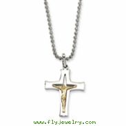 Stainless Steel & 14k Gold Crucifix Pendant 22in Necklace chain