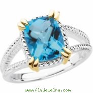 Sterling Silver & 14k Yellow Gold Genuine Checkerboard Swiss Blue Topaz Ring