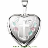 Sterling Silver 12.50X12.00 MM Polished CROSS HEART LOCKET WITH COLOR