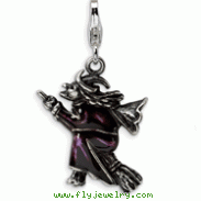 Sterling Silver 3-D Antiqued Enameled Flying Witch With Lobster Clasp Charm