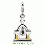 Sterling Silver 3-D Enameled Church With Moving Bell With Lobster Clasp Charm