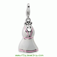 Sterling Silver 3-D Enameled White & Pink Trimmed Dress With Lobster Clasp Charm