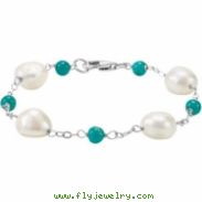 Sterling Silver 7 Inch Freshwater Cultured Baroque Pearl & Genuine Turquoise Bracelet