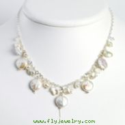 Sterling Silver Biwa/White Cult Pearl& Aurora Borealis Crystal Necklace chain