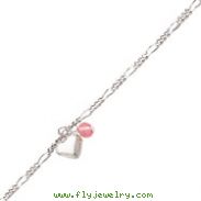 Sterling Silver Cherry Quartz & Dangling Hearts On Figaro Link Anklet