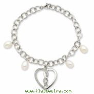 Sterling Silver Cultured Pearl & CZ Hearts Joined Together 7in Bracelet