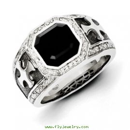 Sterling Silver Diamond & Onyx Black Rhodium-plated Cross Men's Ring