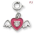 Sterling Silver Pink Enameled CZ Heart  With Wings Charm