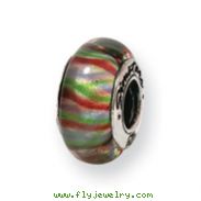 Sterling Silver Reflections Green Pastel Striped Hand-blown Glass Bead