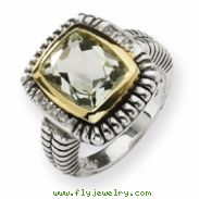 Sterling Silver w/14ky 12X10 Green Amethyst & Diamond Bezel Ring