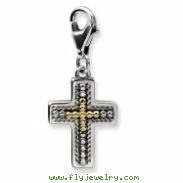 Sterling Silver w/14ky 3-D Antiqued Cross w/Lobster Clasp Charm