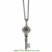 Sterling Silver w/14ky 3-D Antiuqed Sapphire & Diamond Key Pendant