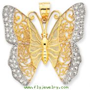 14K Gold & Rhodium Solid Polished Diamond-cut Filigree Butterfly Pendant