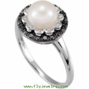 14K Gold 07.00- Freshwater Cultured Pearl & Black And White Diamond Ring