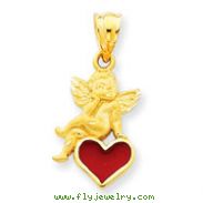 14K Gold Enameled Angel on Heart Pendant