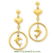 14K Gold Polished Heart & Dolphin Dangle Post Earrings