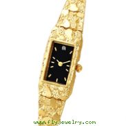 14K Gold Women's Nugget Style Black Rectangle Dial Diamond Water Resistant Watch