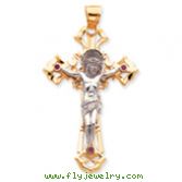 14K Two-Tone Polished With Red Cubic Zirconias Crucifix Pendant