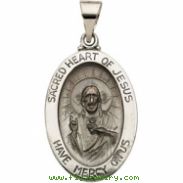 14K White Gold Hollow Oval Sacred Heart Of Jesus Medal