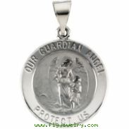 14K White Gold Hollow Round Guardian Angel Medal