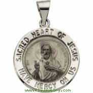 14K White Gold Hollow Round Sacred Heart Of Jesus Medal