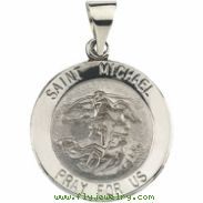 14K White Gold Hollow Round St. Michael Medal