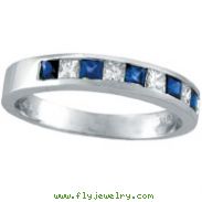 14K White Gold Sapphire and Diamond Princess Cut Band Ring