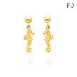 14K Yellow Gold 3D Seahorse Dangle Post Earrings