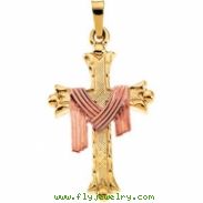 14K Yellow Gold Cross Pendant With Robe Rose