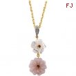 14K Yellow Gold Genuine Pink Touramline Mother Of Pearl And Diamond Pendant On 18 Solid Rope Chain