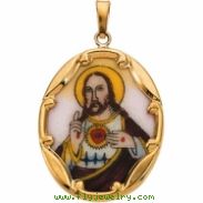 14K Yellow Gold Porcelain Sacred Heart Pendant