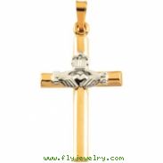 14K Yellow White Gold Two Tone Claddagh Cross Pendant