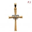 14K Yellow White Gold Two Tone Cross Pendant With Double Hearts